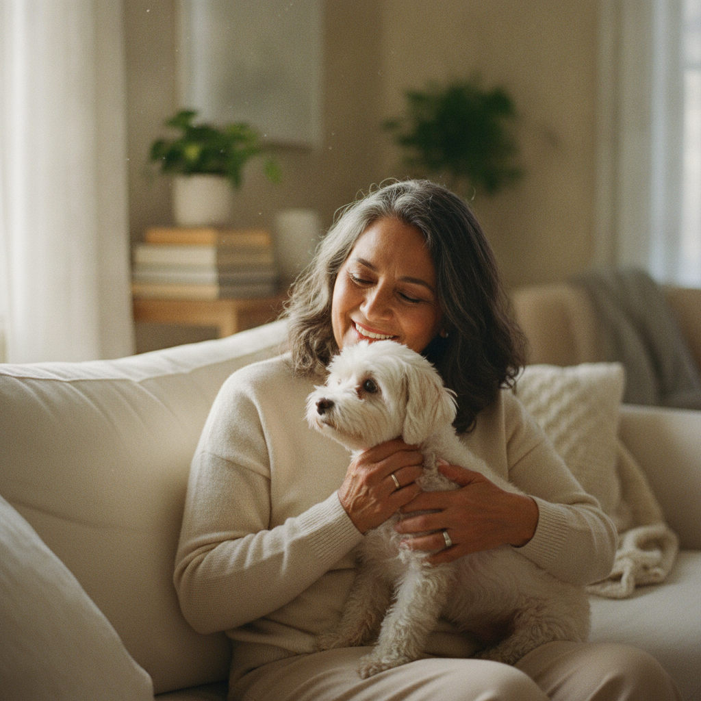 Señora con su perrito blanco