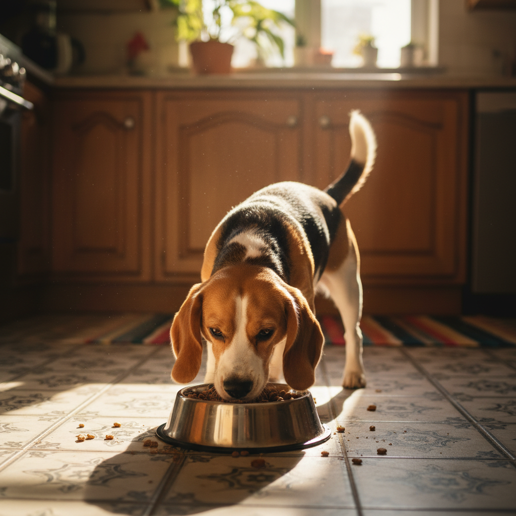 Beagle comiendo con apetito