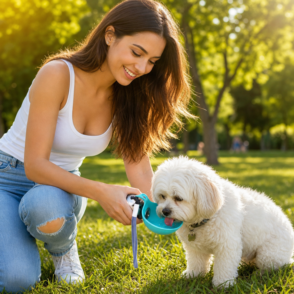 Dueña en el parque con su perro bebiendo de la tapa-concha de la botella portátil
