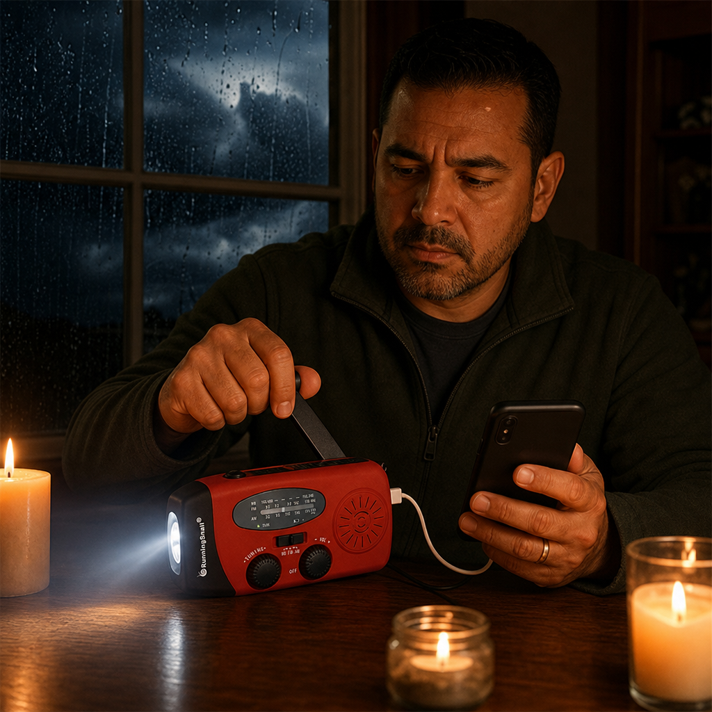 Hombre usando la radio de emergencia de noche con linterna y cargando celular