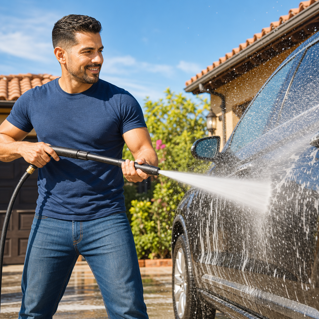Hombre usando la boquilla de alta presión para lavar su carro con potente chorro de agua