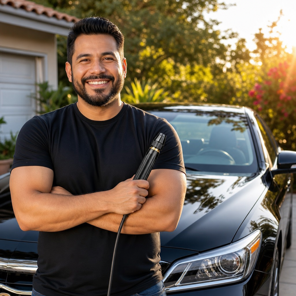 Hombre orgulloso con su carro limpio tras usar la boquilla de alta presión