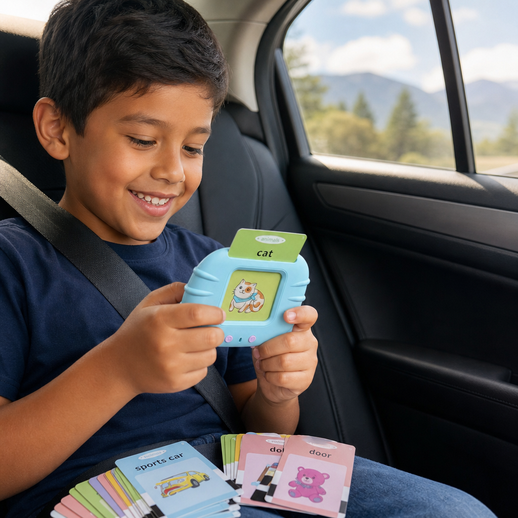 Niño aprendiendo inglés en el carro con el juguete interactivo