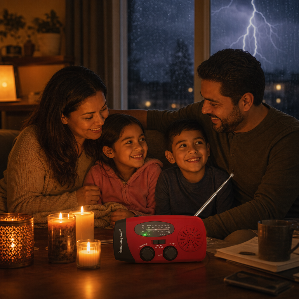 Familia tranquila y segura durante tormenta con la radio de emergencia encendida sobre la mesa