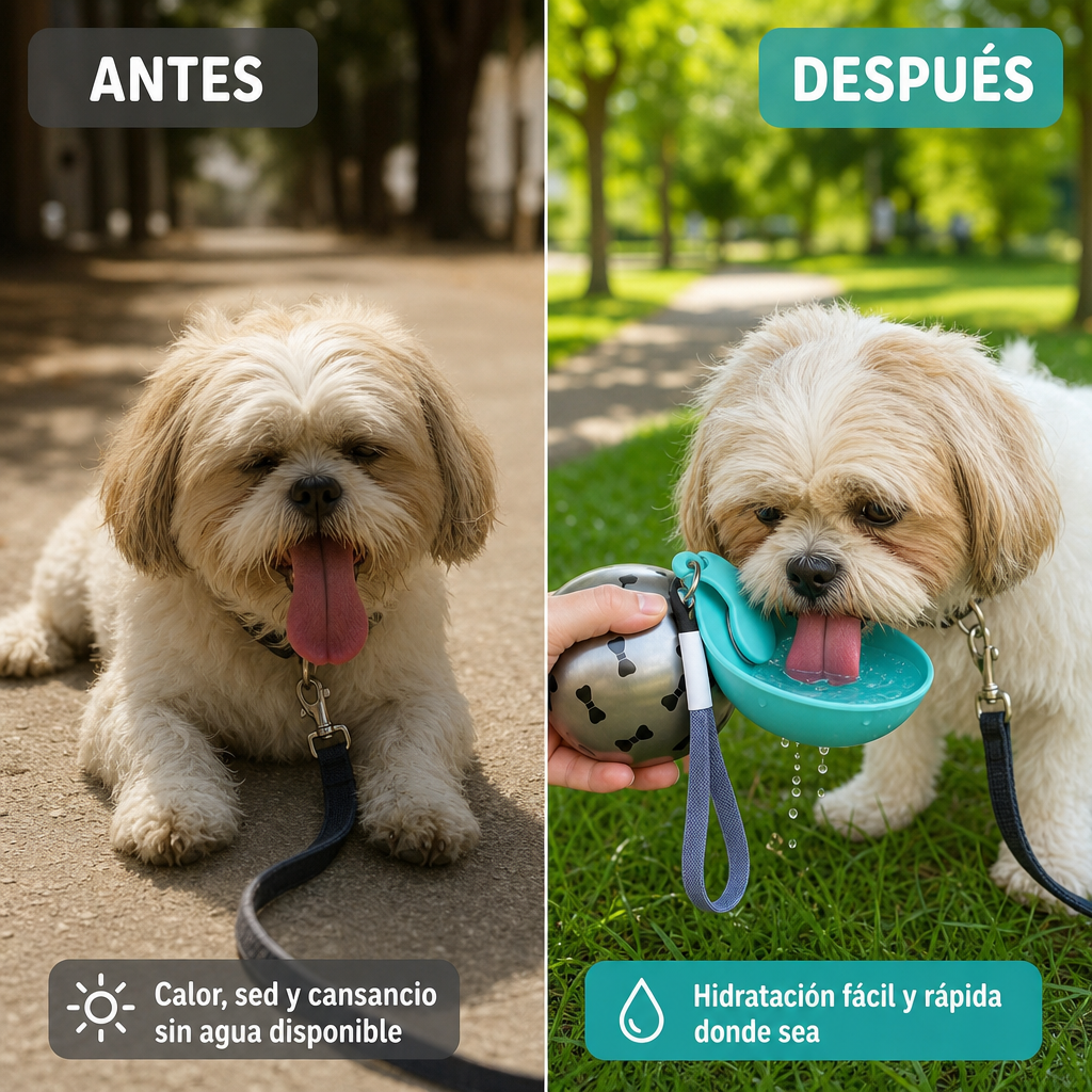 Antes: perro sediento y agotado. Después: perro bebiendo de la tapa-concha de la botella portátil