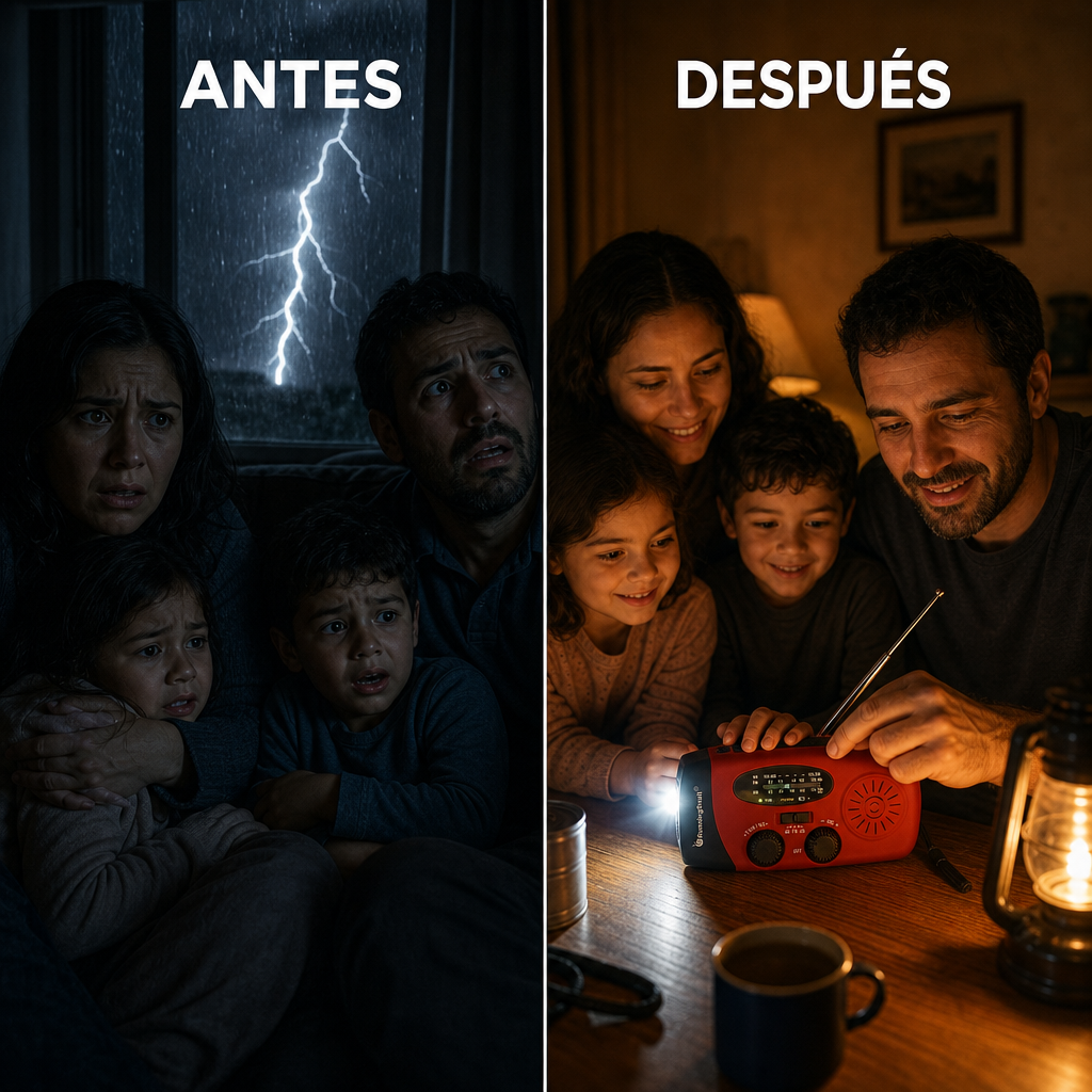 Antes: familia aterrada en oscuridad durante tormenta. Después: familia tranquila con radio de emergencia encendida
