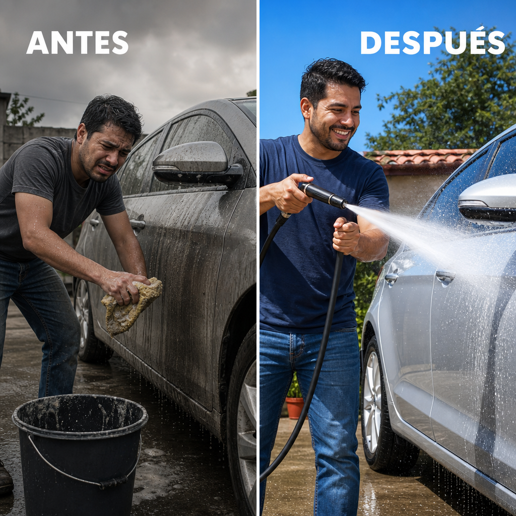 Antes: hombre agotado lavando con balde. Después: limpieza profesional con boquilla de alta presión