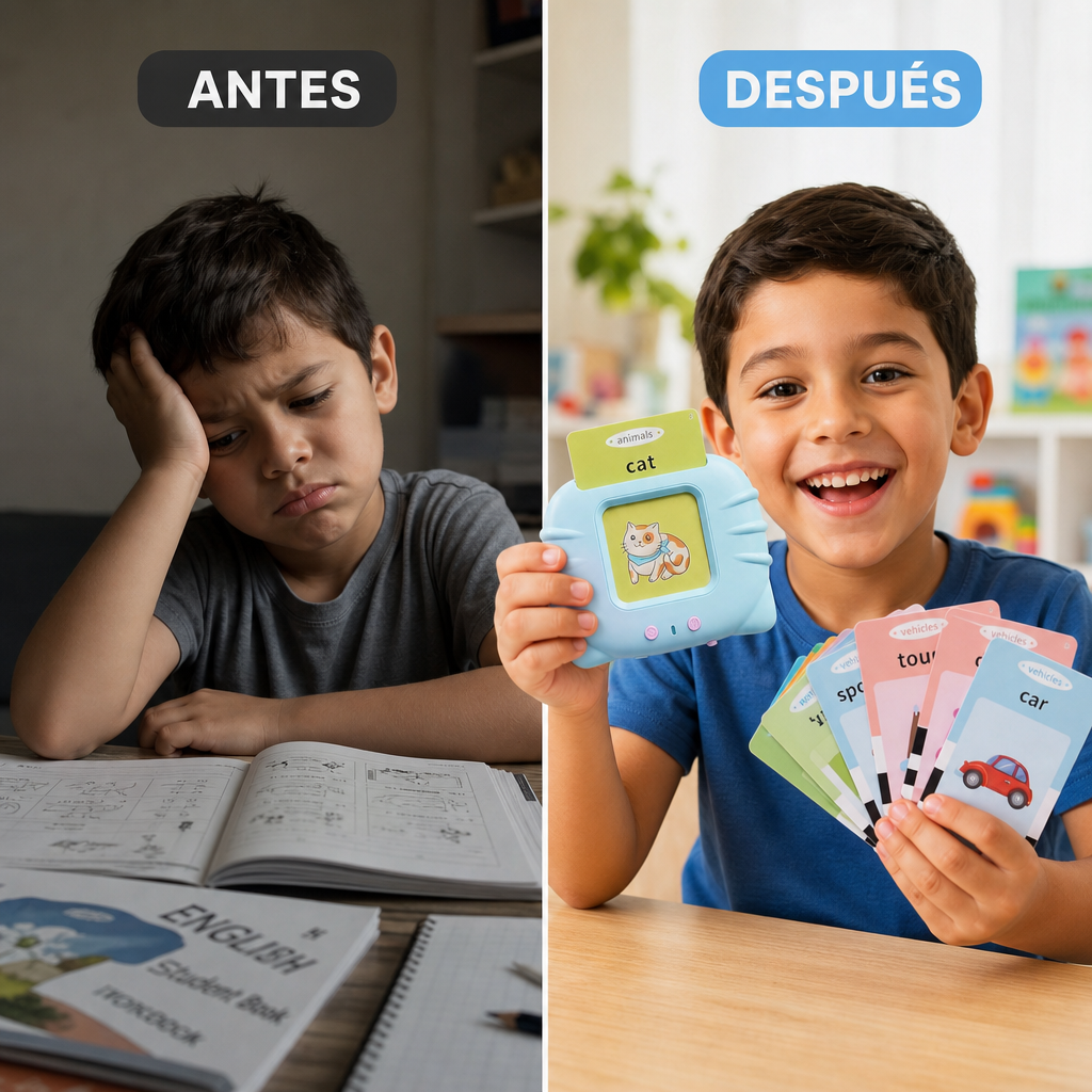 Antes y después: niño frustrado con libros vs niño feliz aprendiendo inglés con juguete interactivo