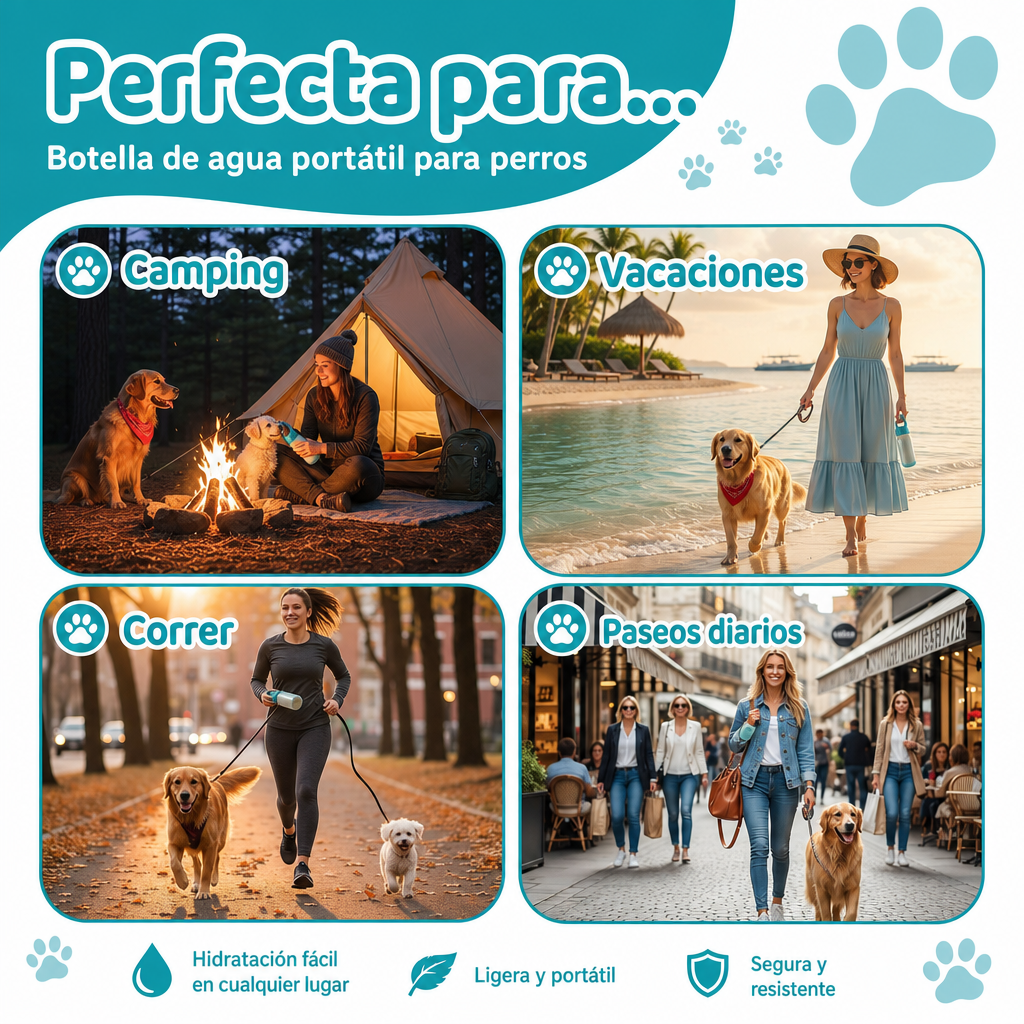 Botella portátil AquaPet Go en azul y rosa — tapa-concha abierta mostrando el bebedero integrado