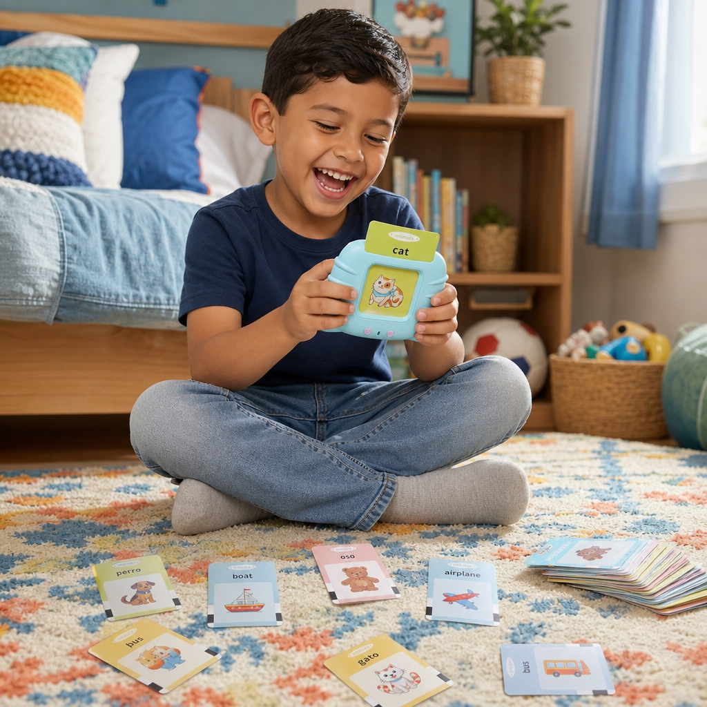Niño feliz aprendiendo inglés con el juguete interactivo y tarjetas en casa
