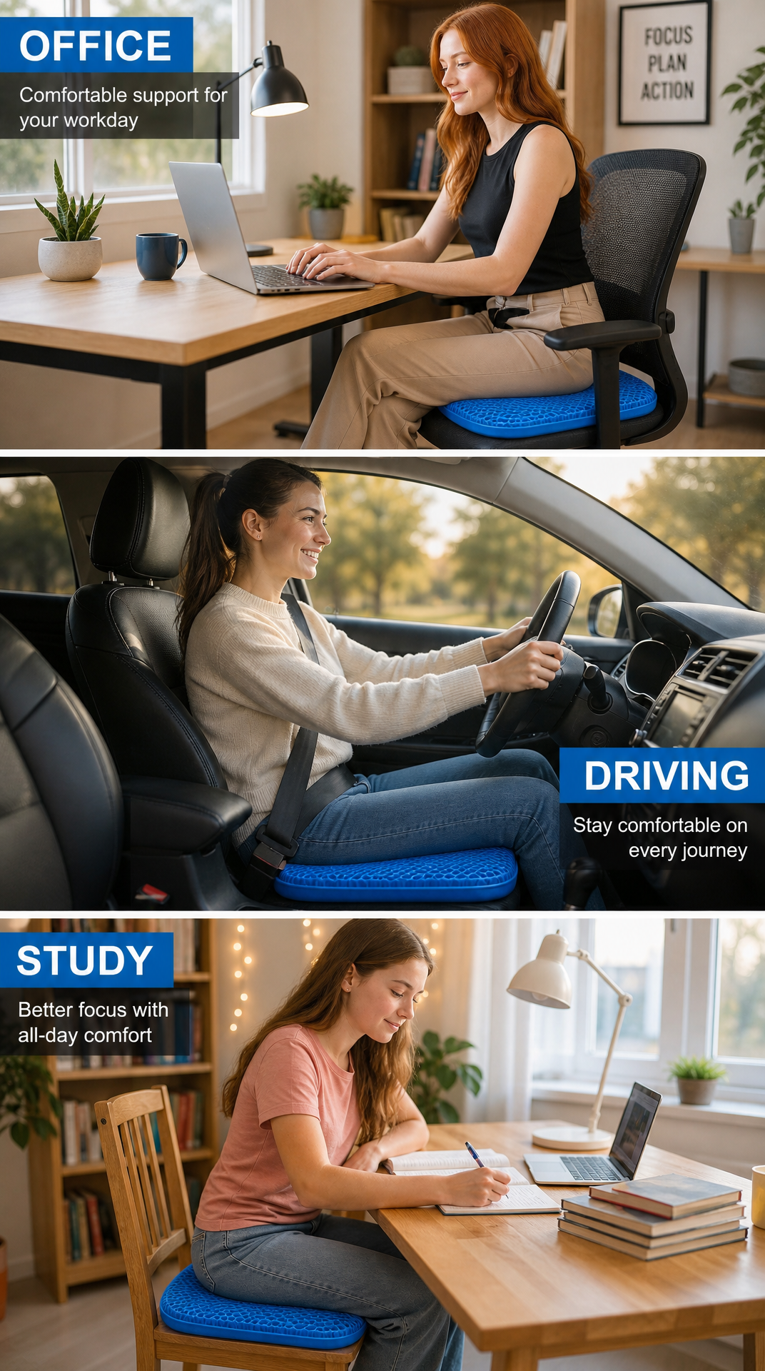 Tres escenarios de uso: oficina, carro y estudio — cojín azul visible en cada uno