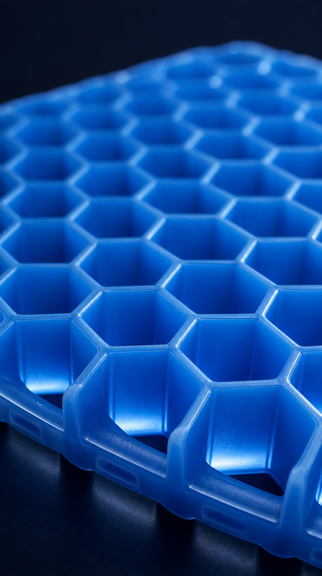Macro close-up de la estructura hexagonal de gel azul — celdas que distribuyen la presión
