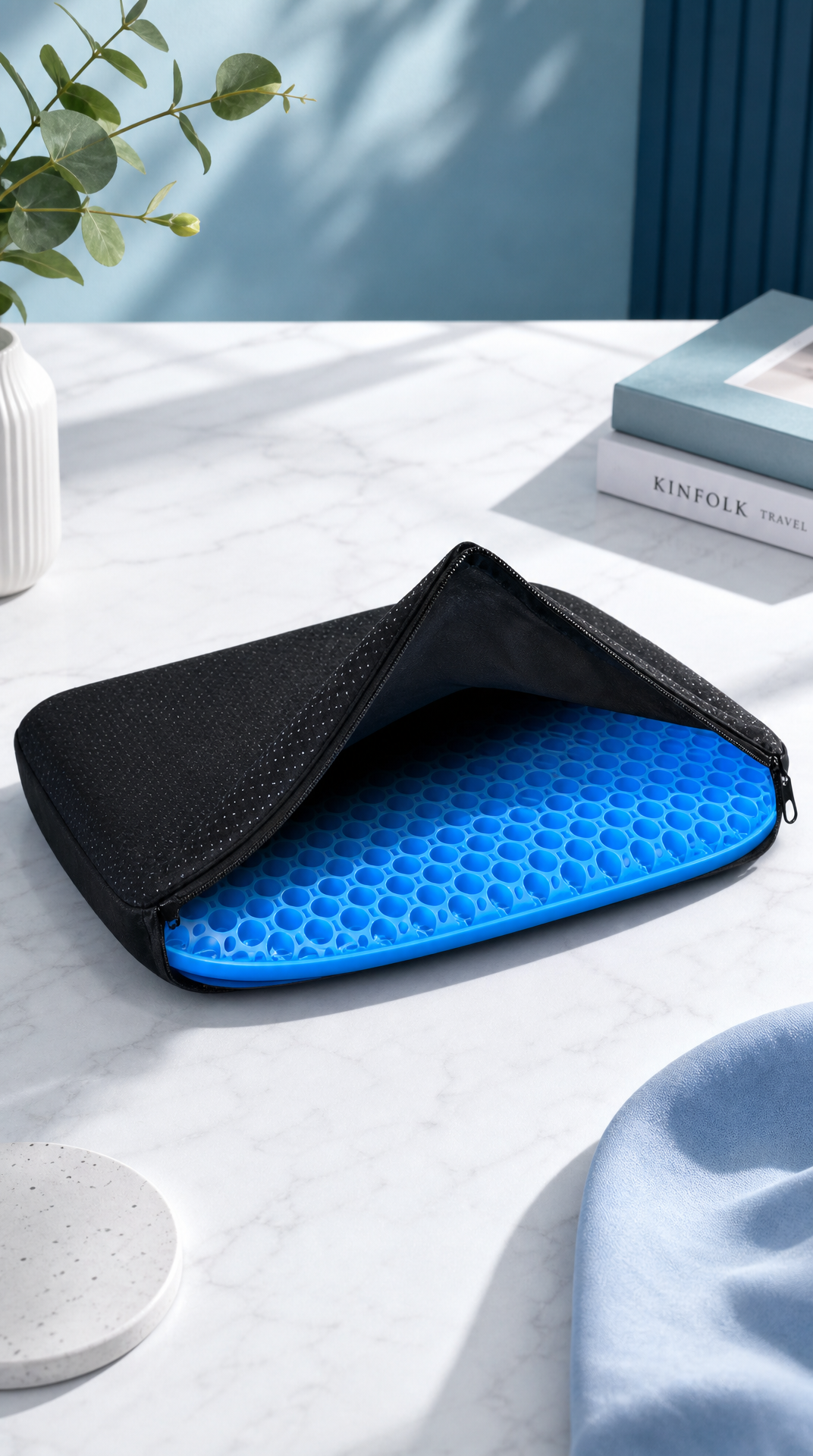 Cojín de gel con funda negra entreabierta en mármol blanco — funda removible con zipper