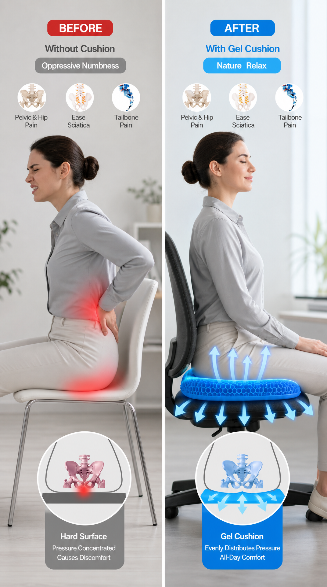 Cojín ergonómico de gel azul con estructura tipo panal en silla de oficina moderna