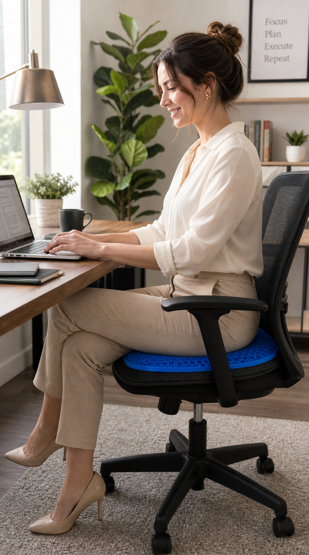 Mujer trabajando cómodamente en su silla de oficina con el cojín de gel azul visible