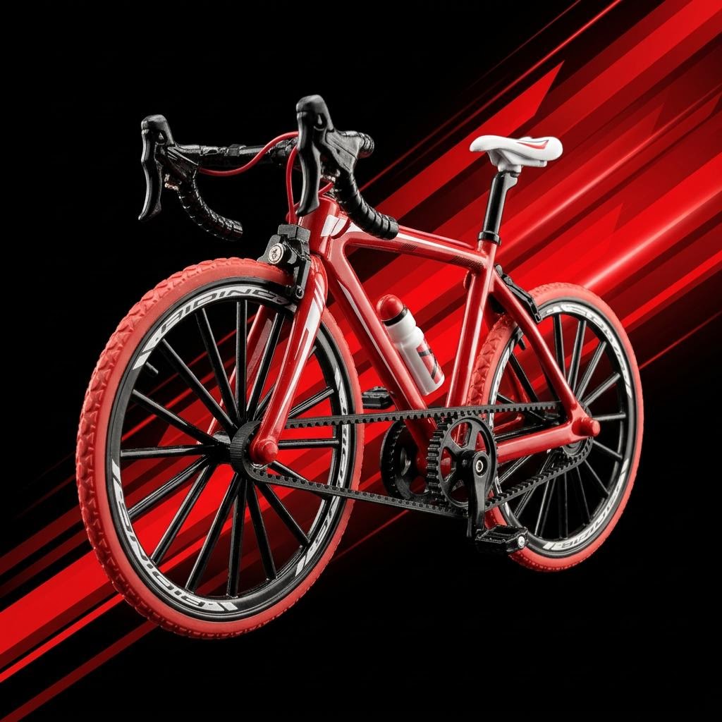 Bici coleccionable roja La Vuelta sobre fondo negro con bandas rojas