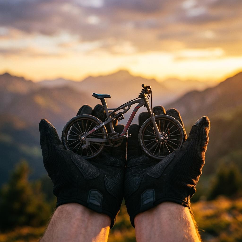 Manos con guantes MTB sosteniendo la MTB FREEDOM ante atardecer en la montana
