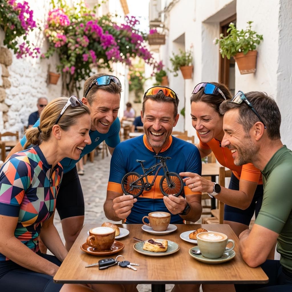 Grupo de ciclistas en terraza española admirando la MTB coleccionable FREEDOM