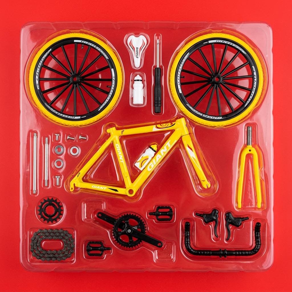 Bandeja con todas las piezas de la bici amarilla sobre fondo rojo