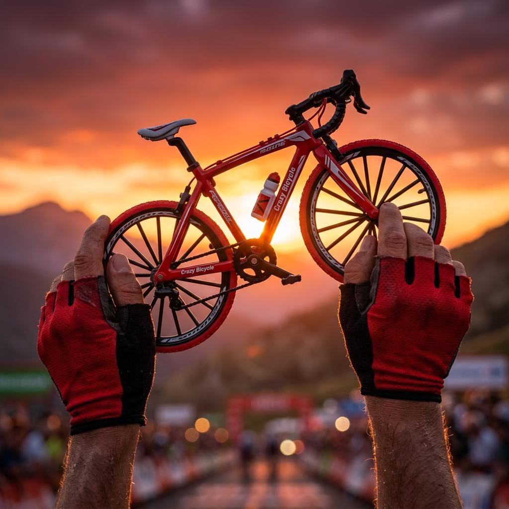 Manos con guantes rojos alzando la bici coleccionable roja ante atardecer español