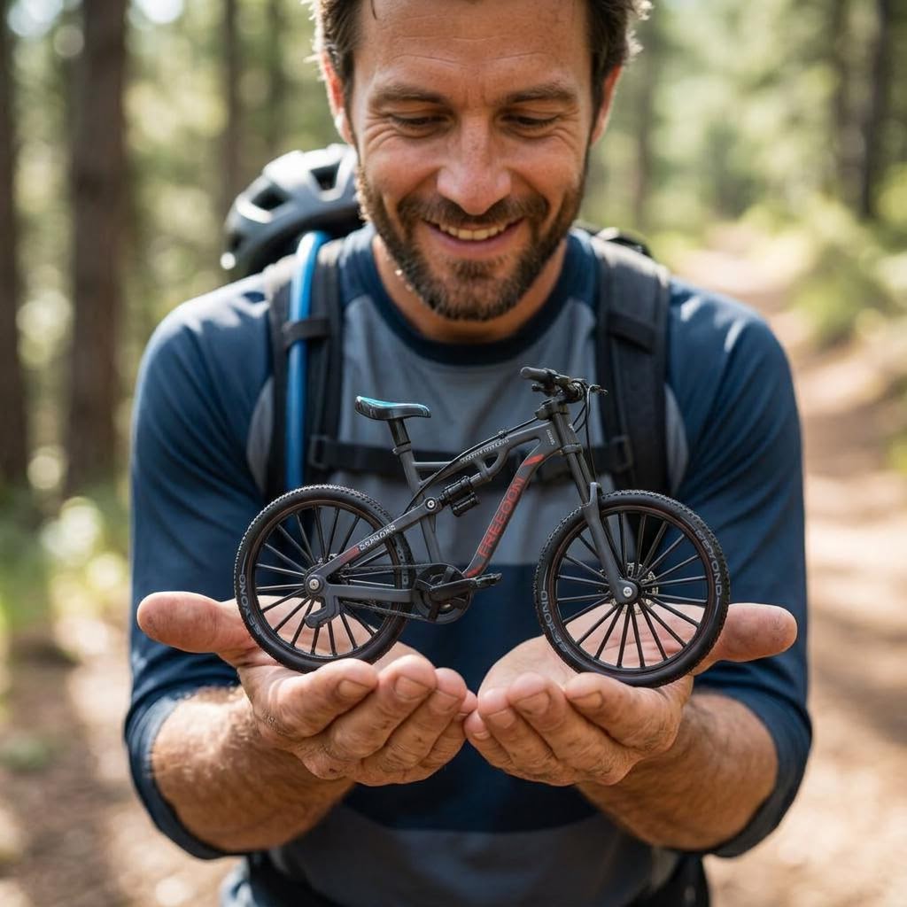 Ciclista sosteniendo la MTB FREEDOM en ambas manos — escala real