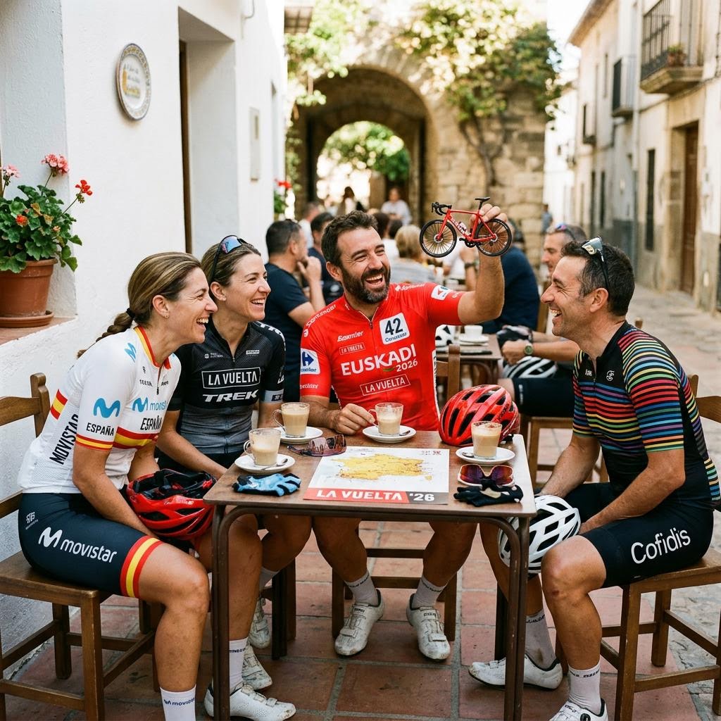 Grupo de ciclistas en terraza española admirando la bici coleccionable roja