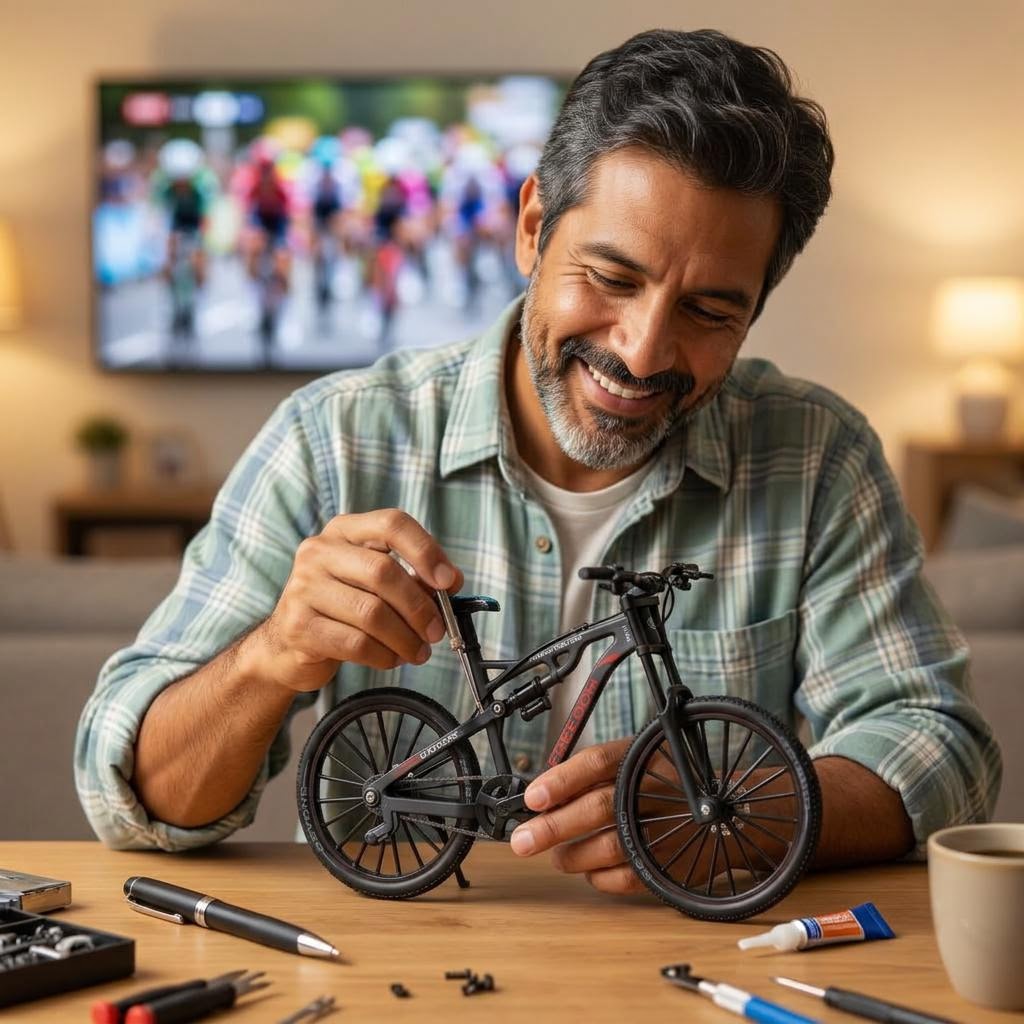 Hombre armando la MTB coleccionable con carrera ciclista borrosa en television