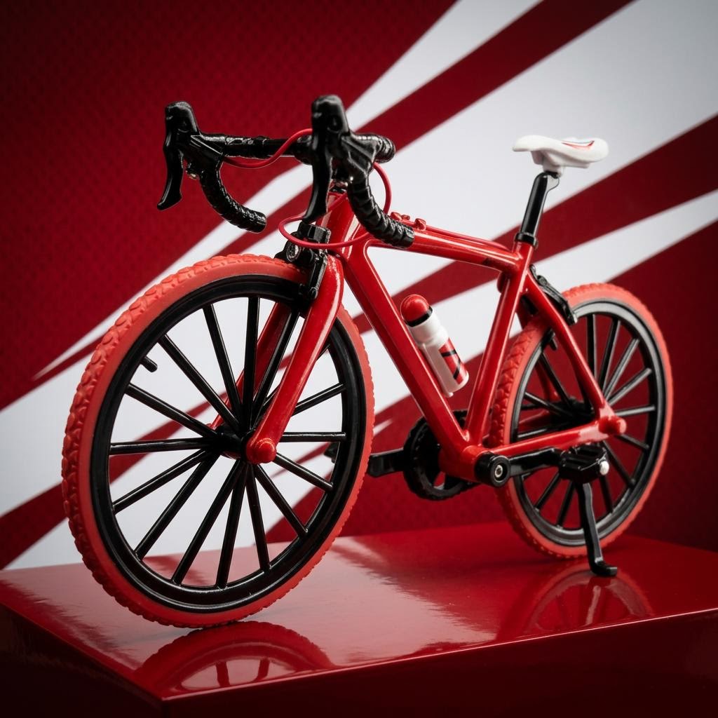 Bici coleccionable roja La Vuelta 1:10 sobre bandas diagonales rojas y blancas