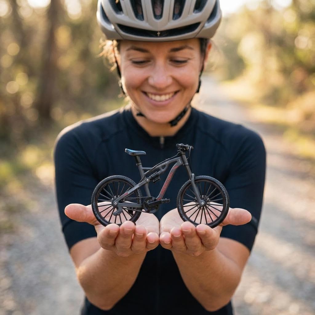 Ciclista mujer sosteniendo la MTB FREEDOM en las dos palmas