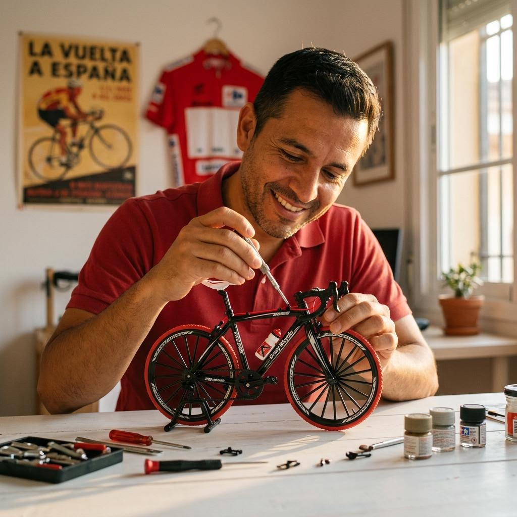 Hombre armando la bici coleccionable roja con poster de La Vuelta al fondo