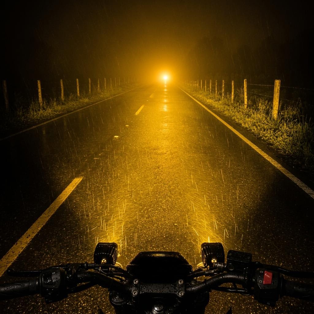 POV moto carretera oscura bajo lluvia — luz ámbar Exploradora Dual Pro