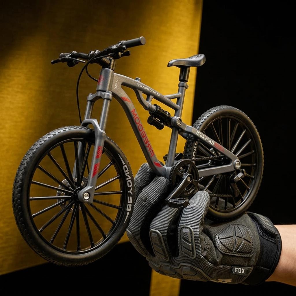 Mano con guante de ciclista sosteniendo la MTB negra coleccionable
