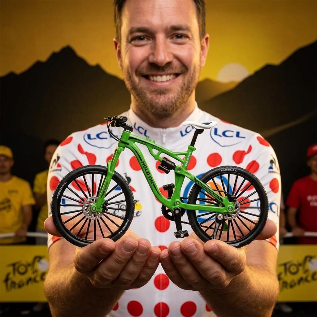Fan del Tour sosteniendo la mini MTB verde coleccionable