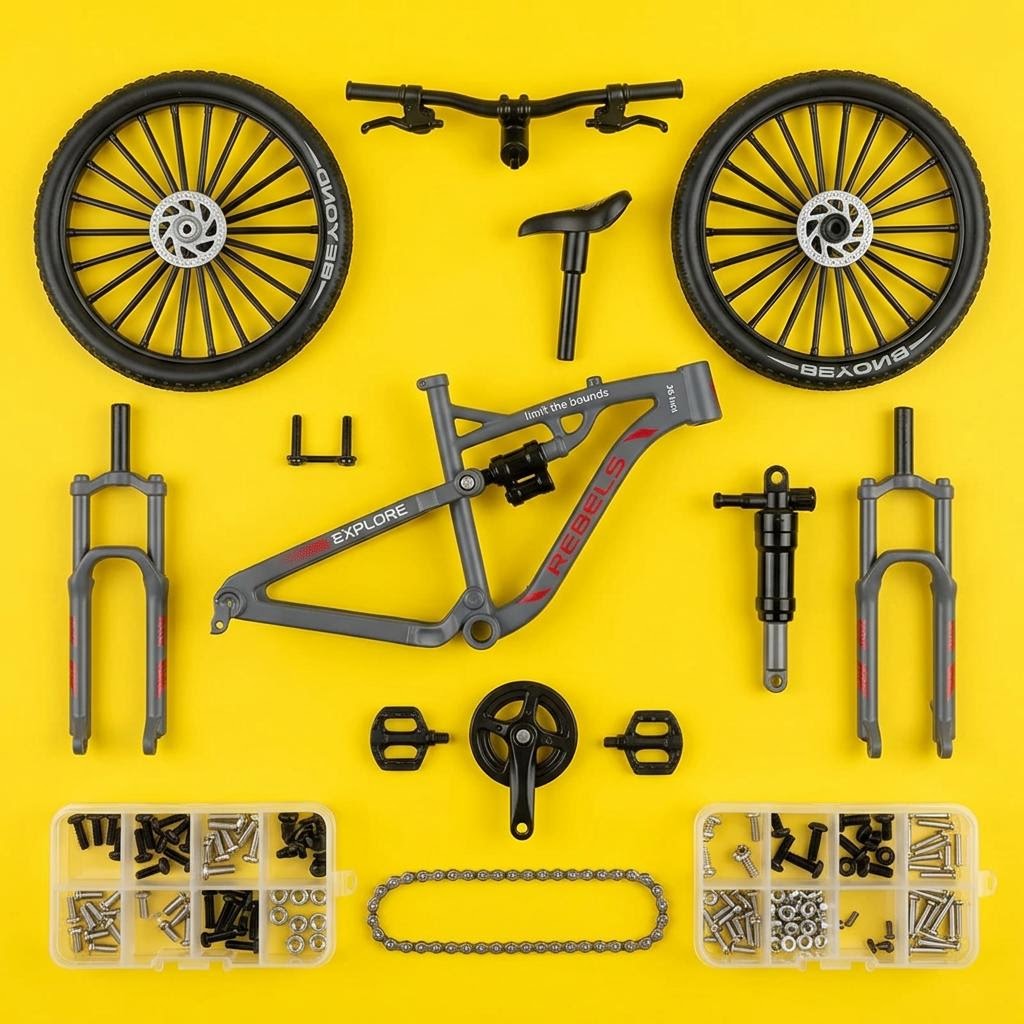 Piezas de la MTB sobre fondo amarillo