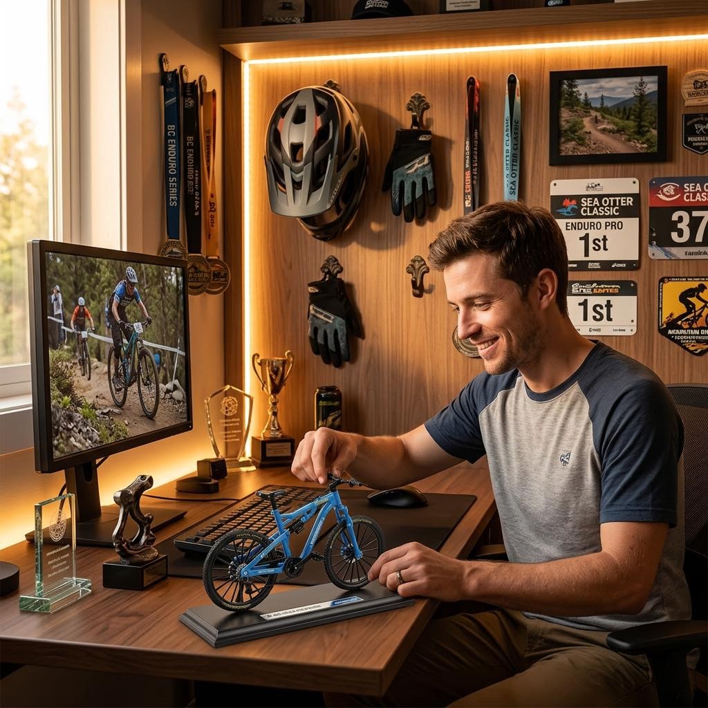 Ciclista en su escritorio con casco de MTB colgado y bicicleta coleccionable