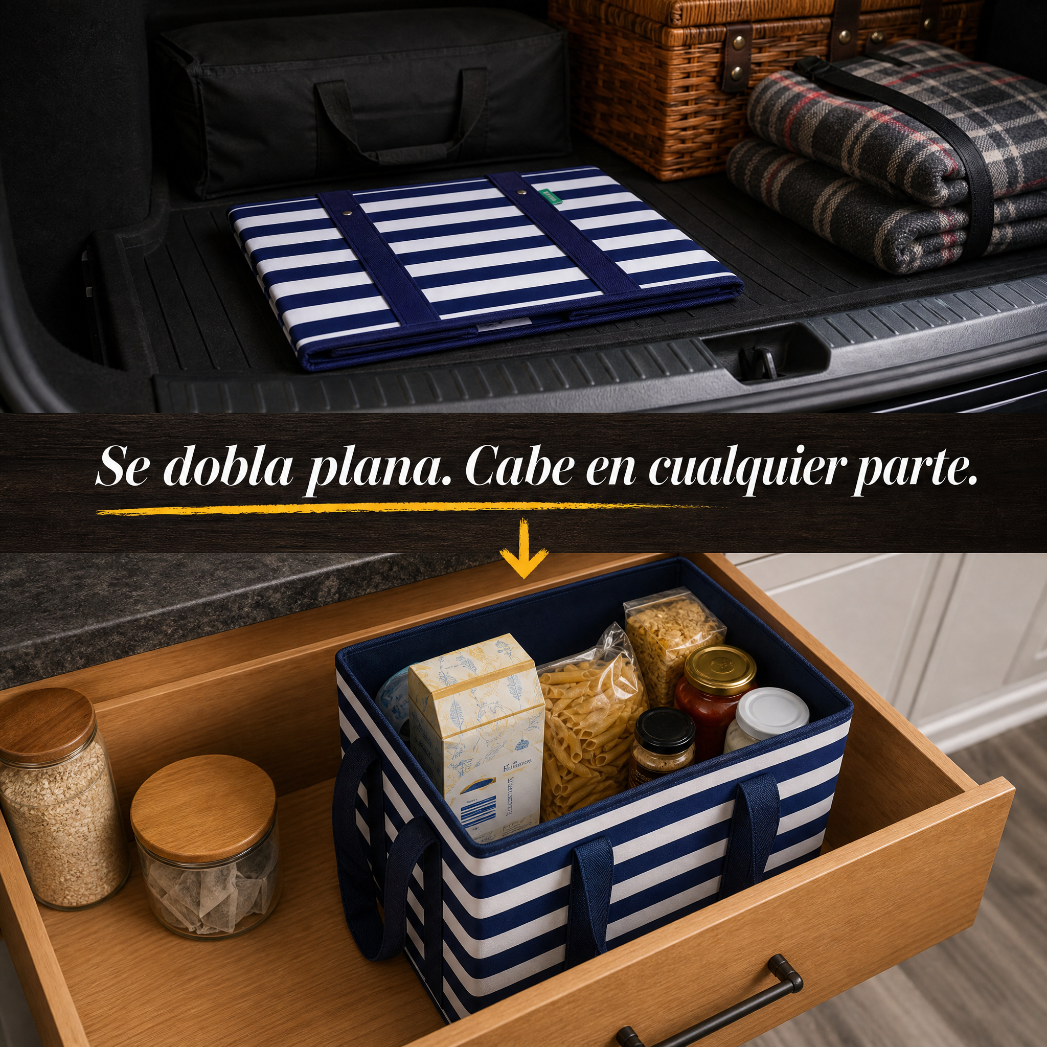 Bolsa VENO plegada plana en maletero y cajón de cocina
