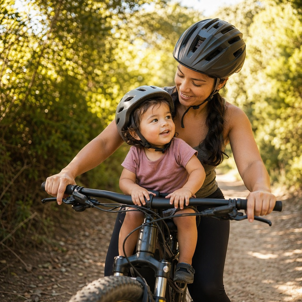 Mamá y bebé juntos en bici — sillín frontal para niños en bici de montaña