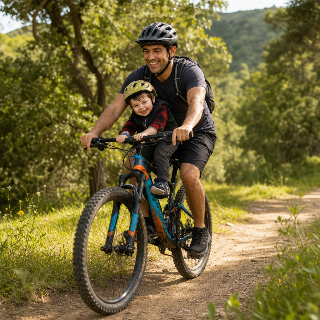 Familia pedaleando en ruta de montaña — papá con hijo en sillín frontal de bici