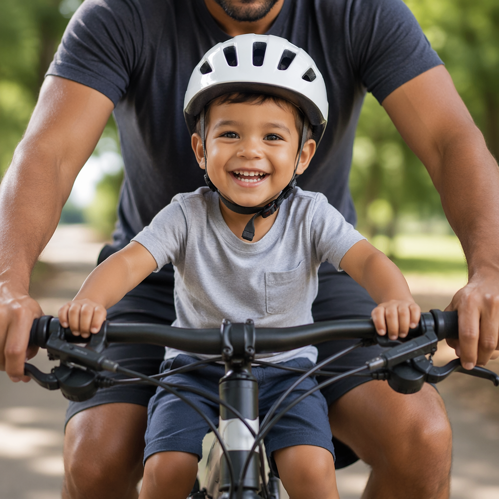 Niño feliz con casco en sillín frontal de bici — entre los brazos del papá sujetando el manubrio