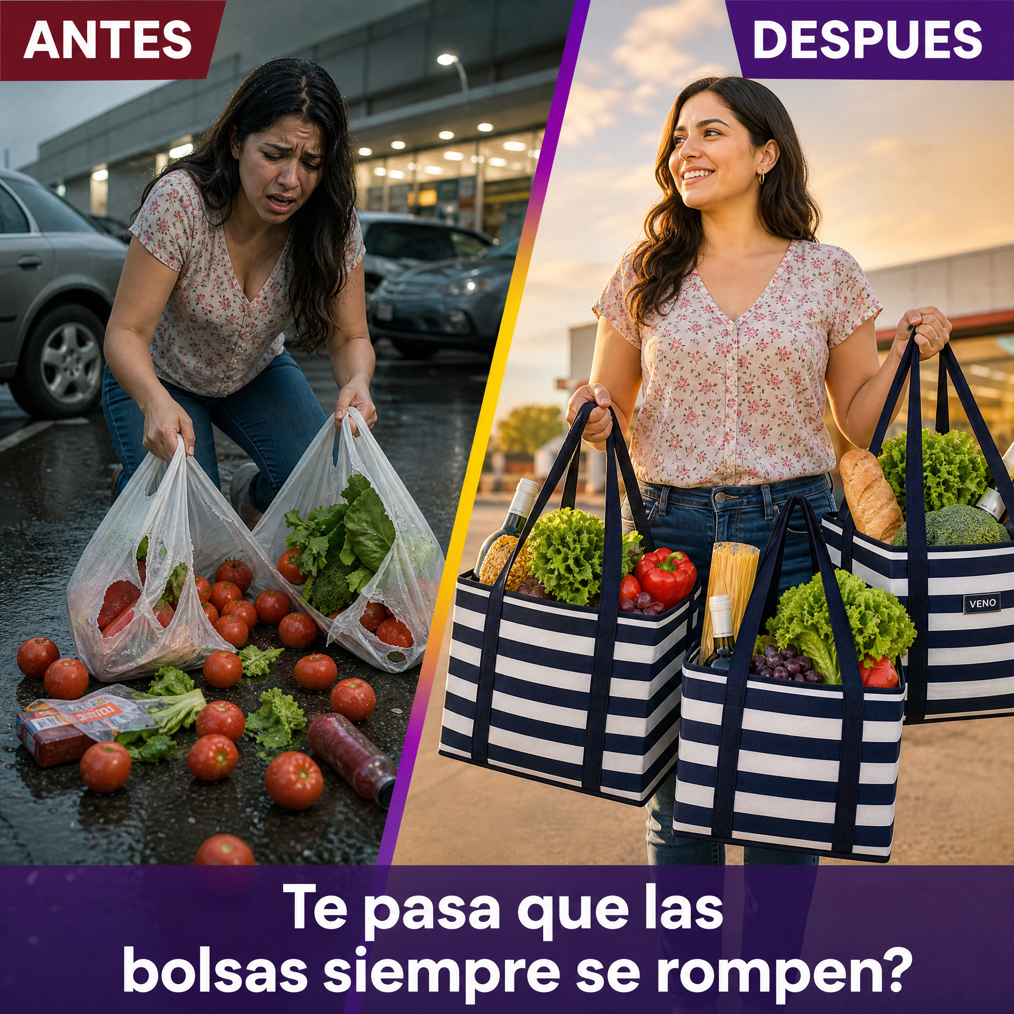 Antes bolsas plasticas rotas. Despues bolsas termicas VENO organizadas