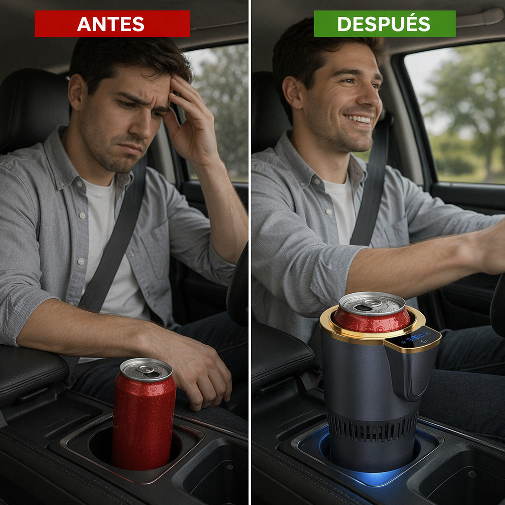 Antes: lata tibia sin control. Después: lata fría dentro del portavasos inteligente TempDrive Pro