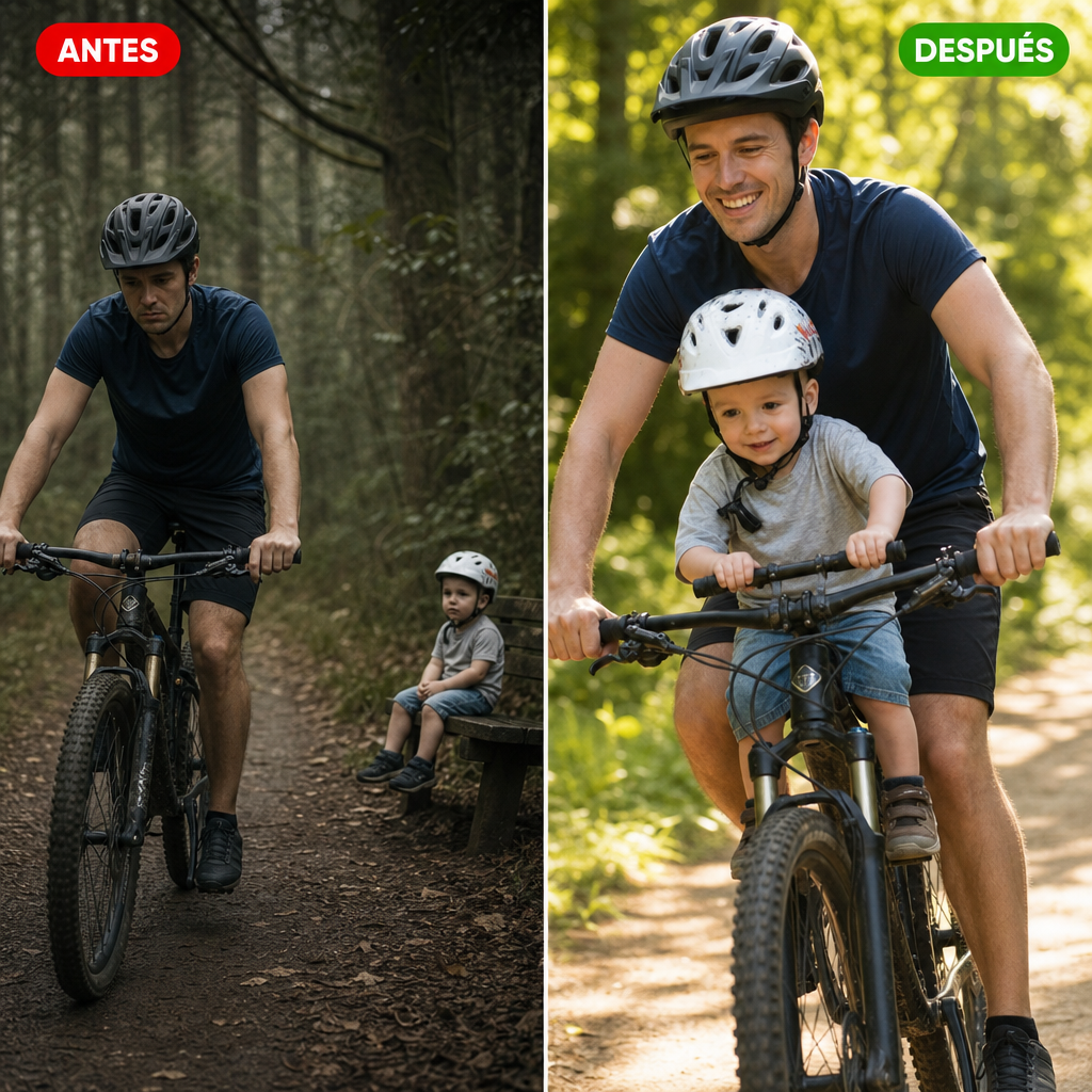 Antes: papá pedaleando solo. Después: niño en sillín frontal de bici entre los brazos del papá