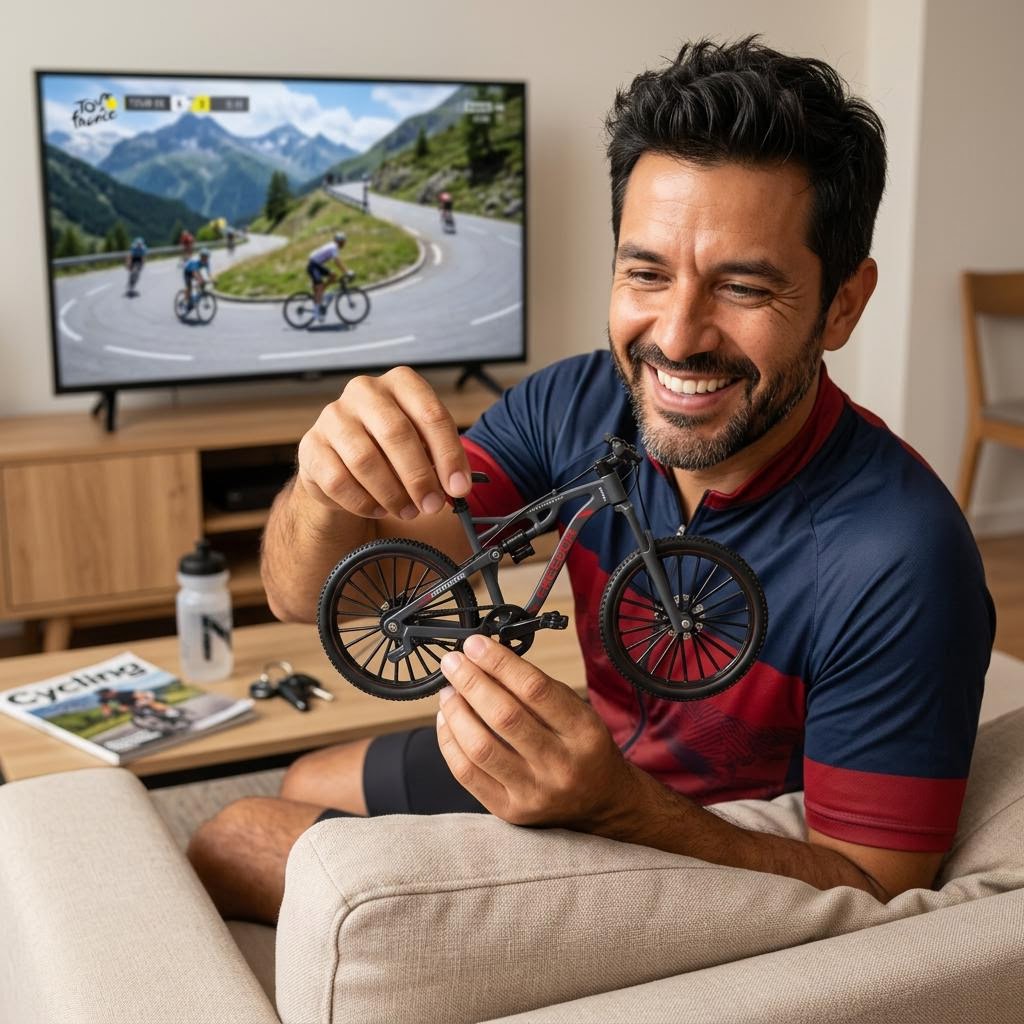 Fan viendo el Tour de Francia mientras sostiene la mini MTB coleccionable