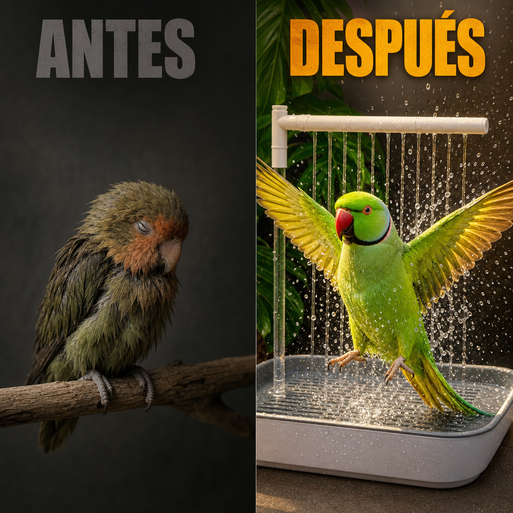 Antes y después — pájaro con plumas tristes vs pájaro feliz bañándose