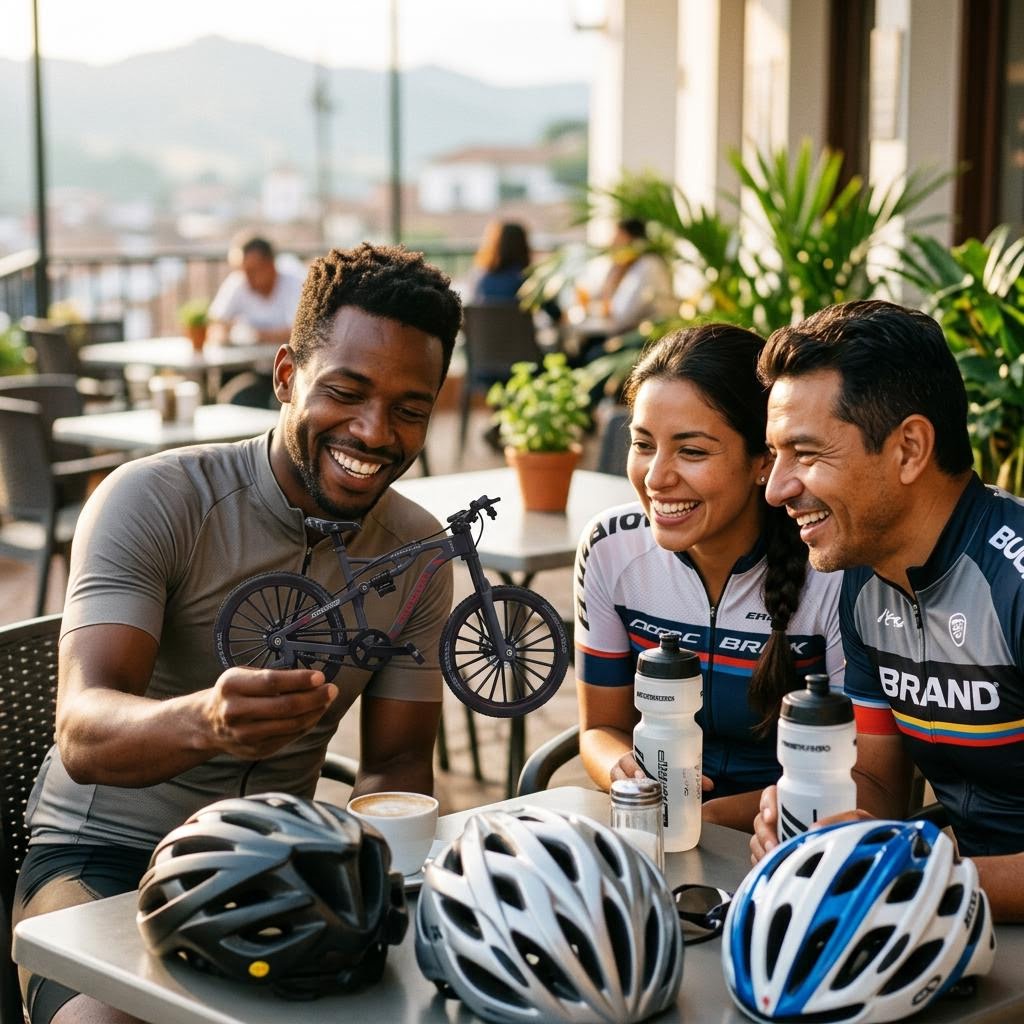 Grupo de ciclistas en cafeteria admirando la MTB coleccionable