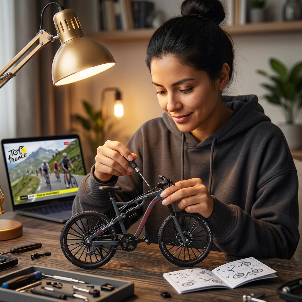 Mujer latina armando la MTB coleccionable pieza a pieza mientras ve el Tour