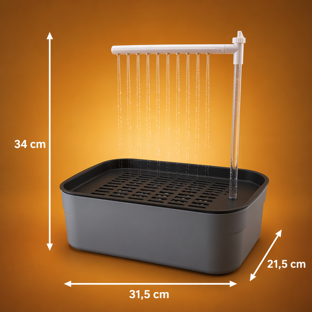 Bañera automática con líneas de medidas sobre fondo ámbar cálido