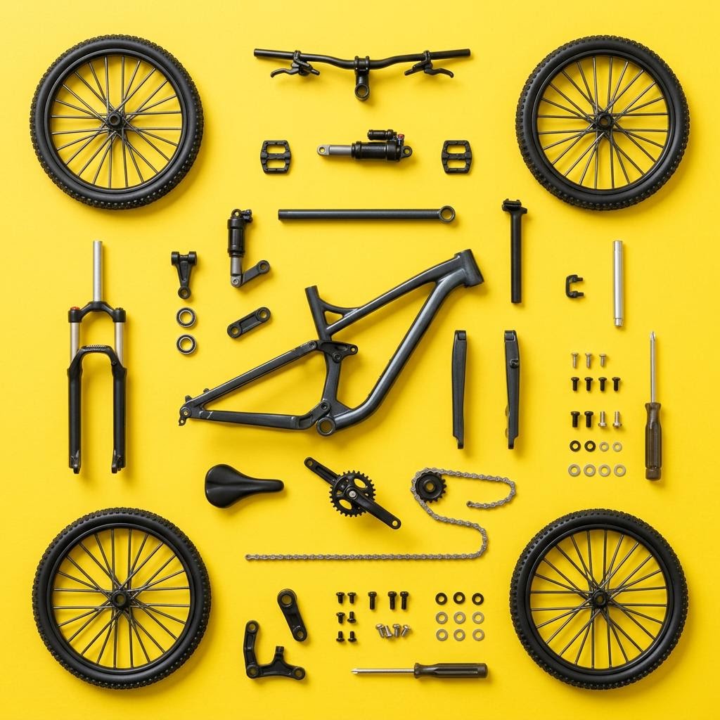 Todas las piezas del kit sobre fondo amarillo