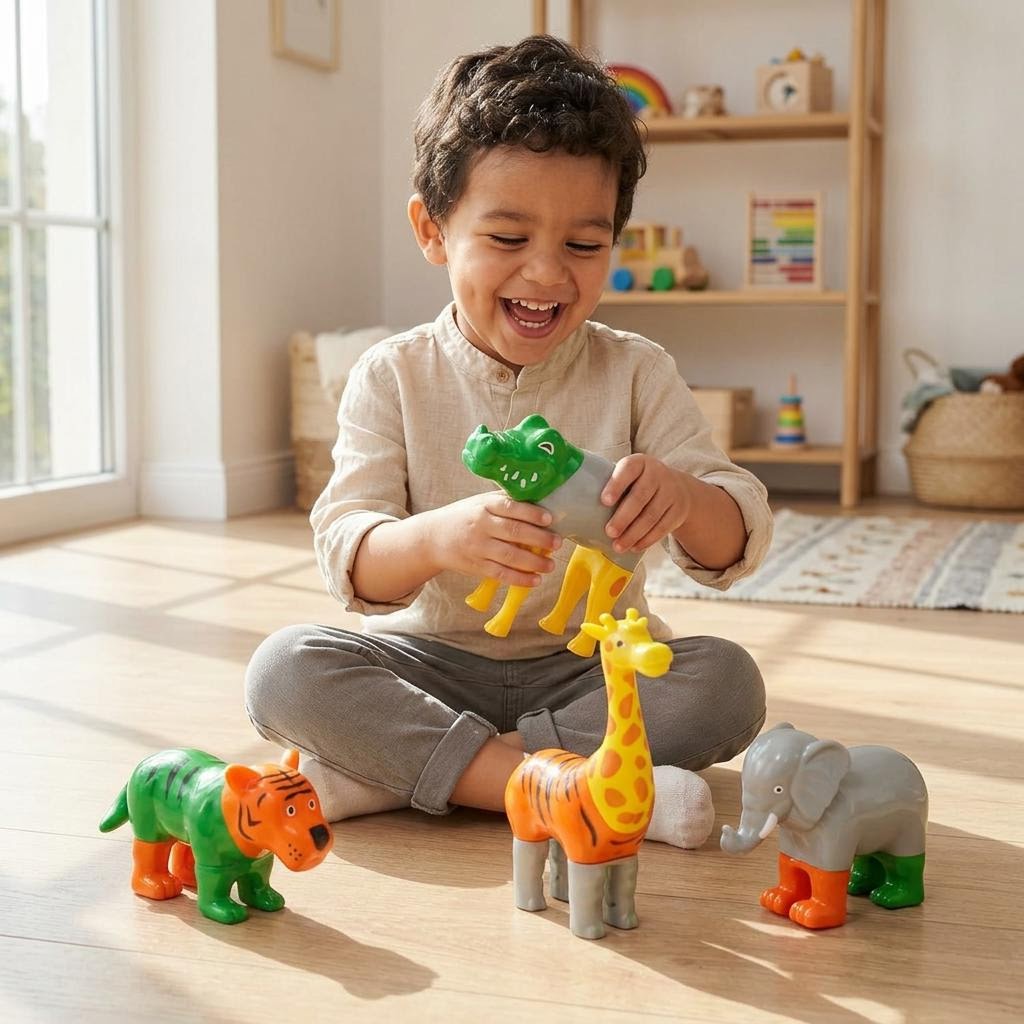 Niño jugando con los animalitos magnéticos