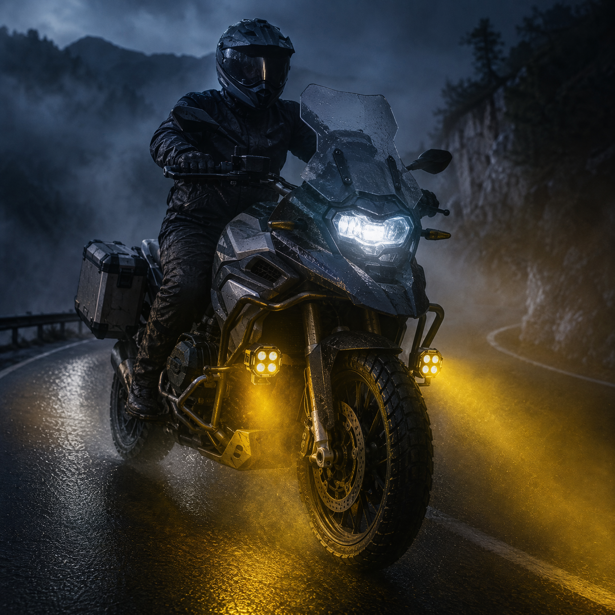 Moto enduro con exploradoras encendidas en la niebla